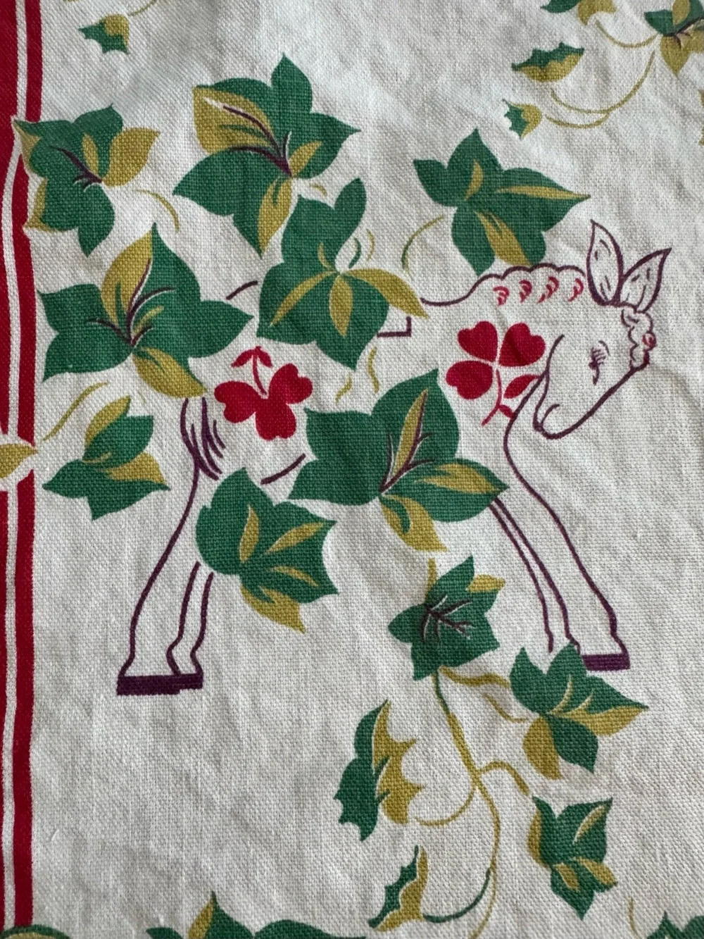 Vintage 1950’s Startex Kitchen Tea Towel Animals Ivy Red Green 16X29 Tucapau SC